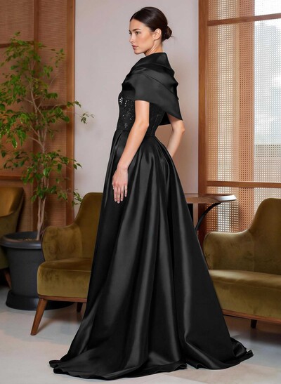 A-Line Cape Sleeves Sweep Train Satin Mother Of The Bride Dresses With Lace