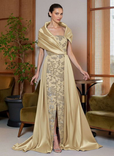 A-Line Cape Sleeves Sweep Train Satin Mother Of The Bride Dresses With Lace