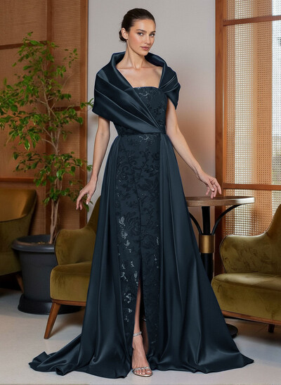 A-Line Cape Sleeves Sweep Train Satin Mother Of The Bride Dresses With Lace