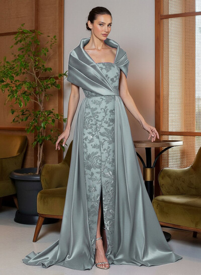 A-Line Cape Sleeves Sweep Train Satin Mother Of The Bride Dresses With Lace