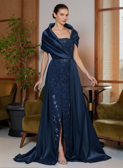 A-Line Cape Sleeves Sweep Train Satin Mother Of The Bride Dresses With Lace