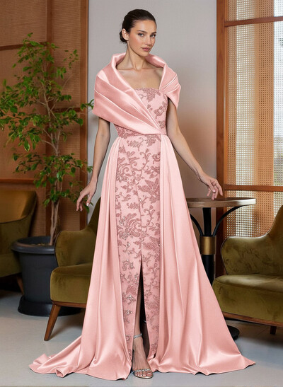 A-Line Cape Sleeves Sweep Train Satin Mother Of The Bride Dresses With Lace