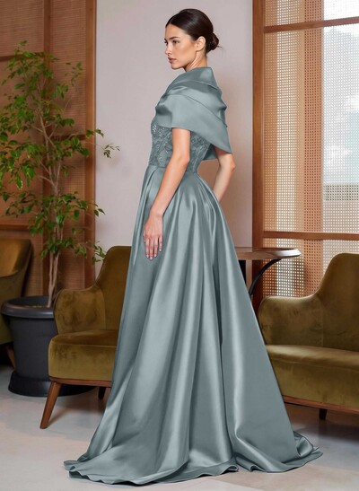 A-Line Cape Sleeves Sweep Train Satin Mother Of The Bride Dresses With Lace