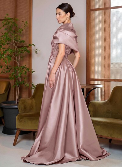 A-Line Cape Sleeves Sweep Train Satin Mother Of The Bride Dresses With Lace