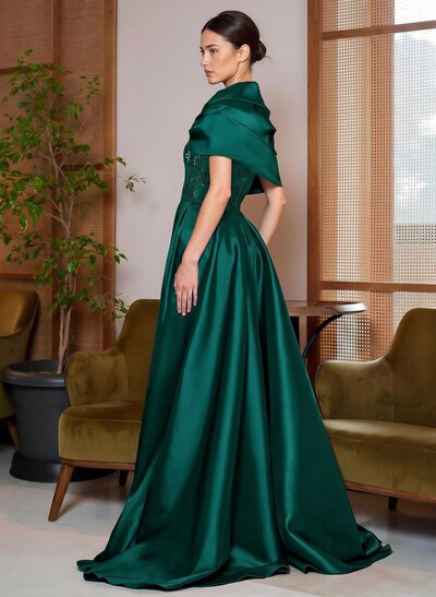 A-Line Cape Sleeves Sweep Train Satin Mother Of The Bride Dresses With Lace