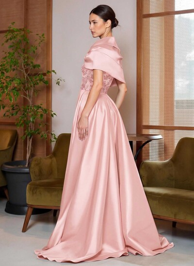 A-Line Cape Sleeves Sweep Train Satin Mother Of The Bride Dresses With Lace