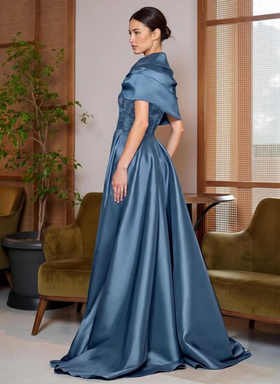 A-Line Cape Sleeves Sweep Train Satin Mother Of The Bride Dresses With Lace