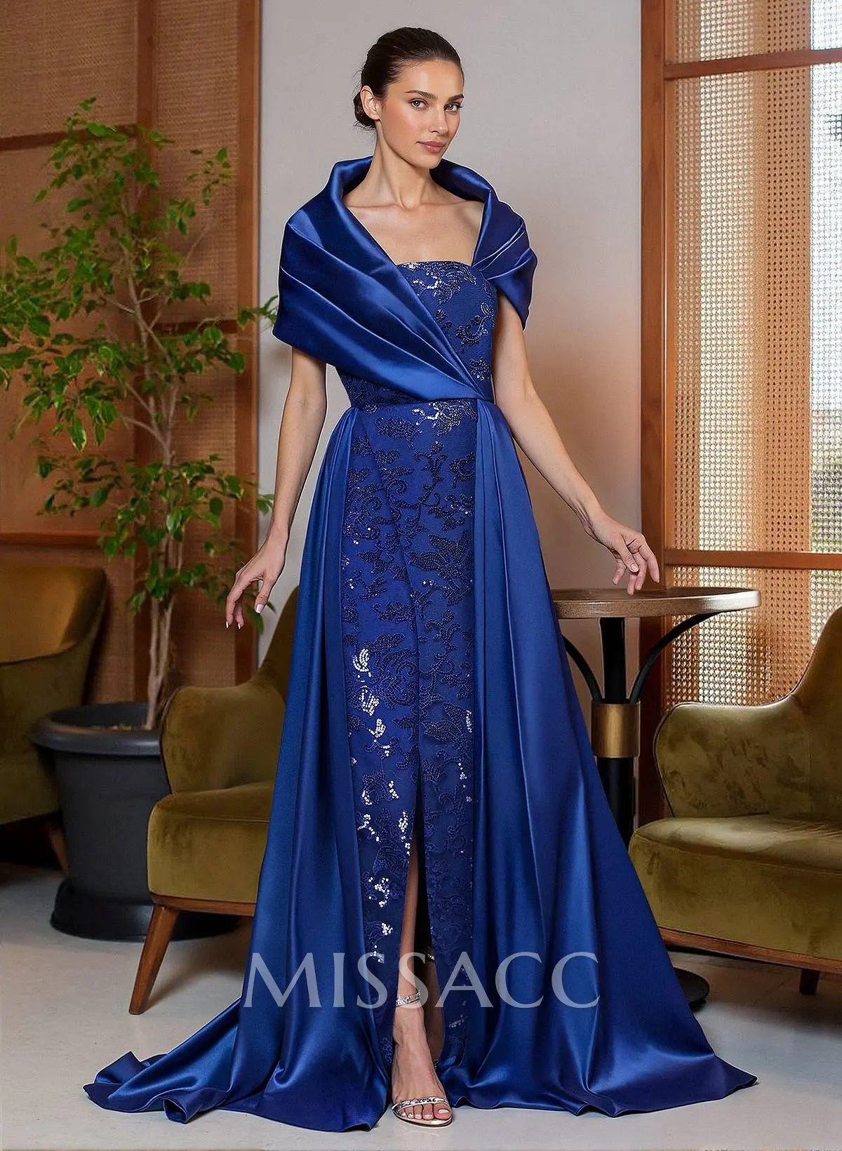 A-Line Cape Sleeves Sweep Train Satin Mother Of The Bride Dresses With Lace  - Missacc
