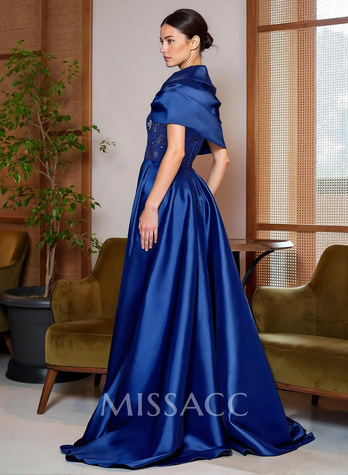 A-Line Cape Sleeves Sweep Train Satin Mother Of The Bride Dresses