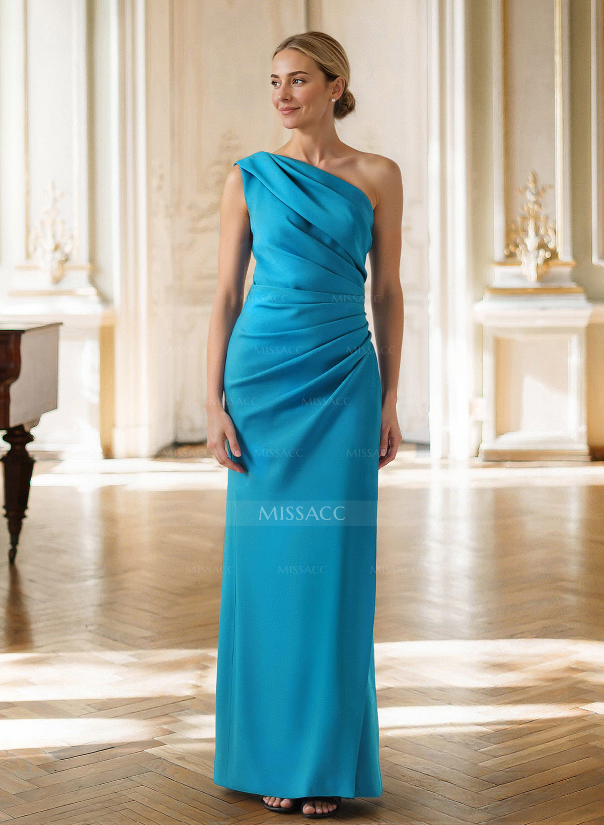 Sheath/Column One-Shoulder Sleeveless Floor-Length Elastic Satin Mother Of The Bride Dresses With Pleated