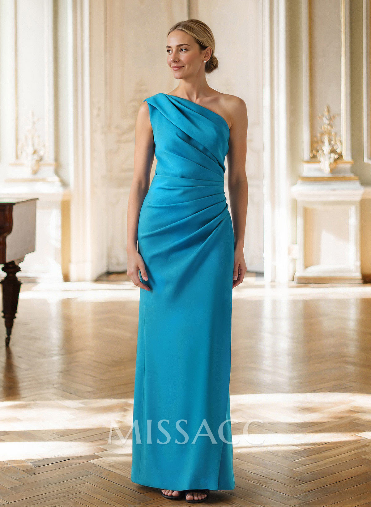 Sheath/Column One-Shoulder Sleeveless Floor-Length Elastic Satin Mother Of The Bride Dresses With Pleated
