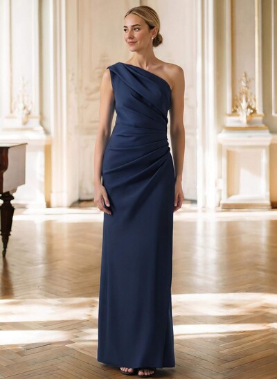Sheath/Column One-Shoulder Sleeveless Floor-Length Elastic Satin Mother Of The Bride Dresses With Pleated