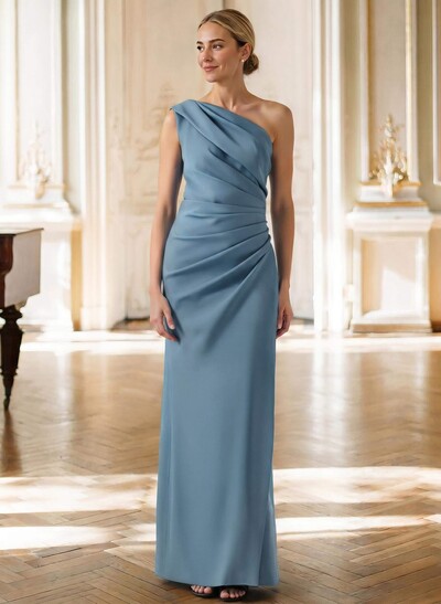 Sheath/Column One-Shoulder Sleeveless Floor-Length Elastic Satin Mother Of The Bride Dresses With Pleated