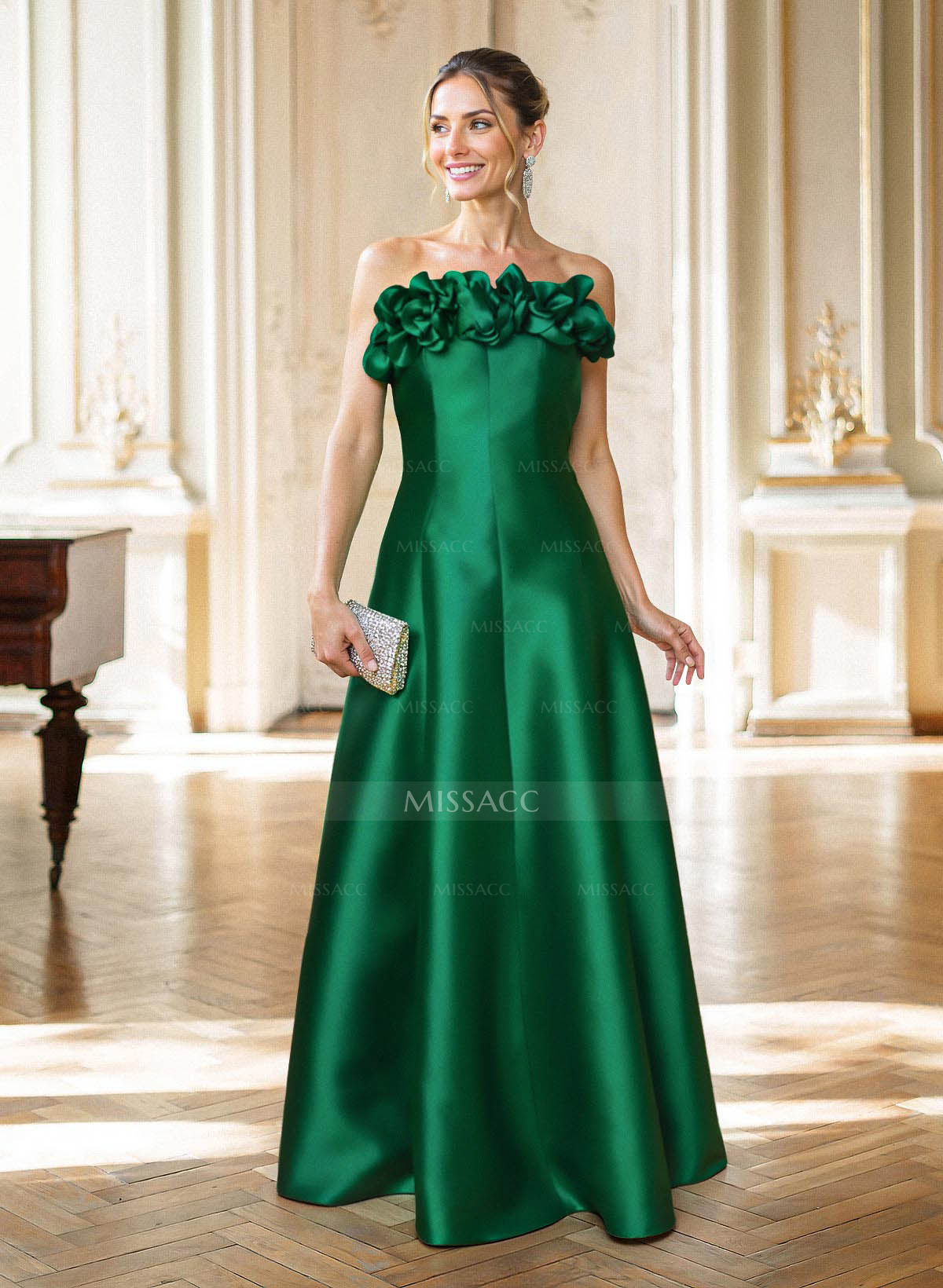 A-Line Strapless Sleeveless Floor-Length Satin Mother Of The Bride Dresses With Flower(s)