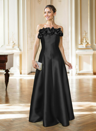 A-Line Strapless Sleeveless Floor-Length Satin Mother Of The Bride Dresses With Flower(s)