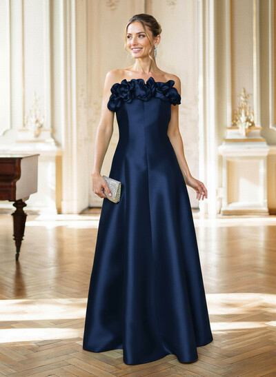A-Line Strapless Sleeveless Floor-Length Satin Mother Of The Bride Dresses With Flower(s)