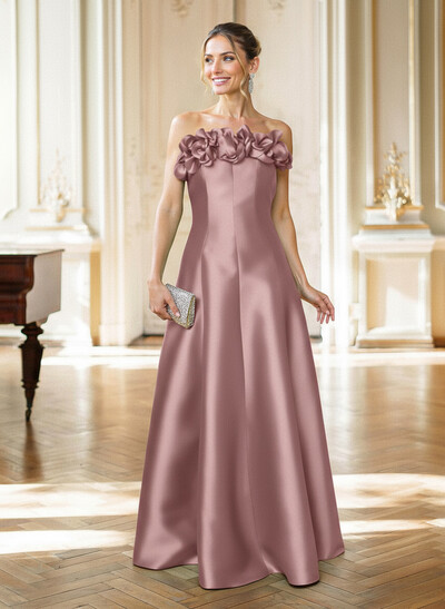 A-Line Strapless Sleeveless Floor-Length Satin Mother Of The Bride Dresses With Flower(s)