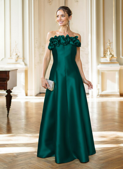 A-Line Strapless Sleeveless Floor-Length Satin Mother Of The Bride Dresses With Flower(s)