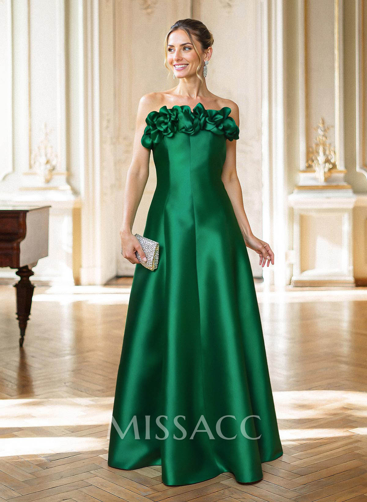 A-Line Strapless Sleeveless Floor-Length Satin Mother Of The Bride Dresses With Flower(s) A-Line Strapless Sleeveless Floor-Length Satin Mother Of The Bride Dresses With Flower(s)