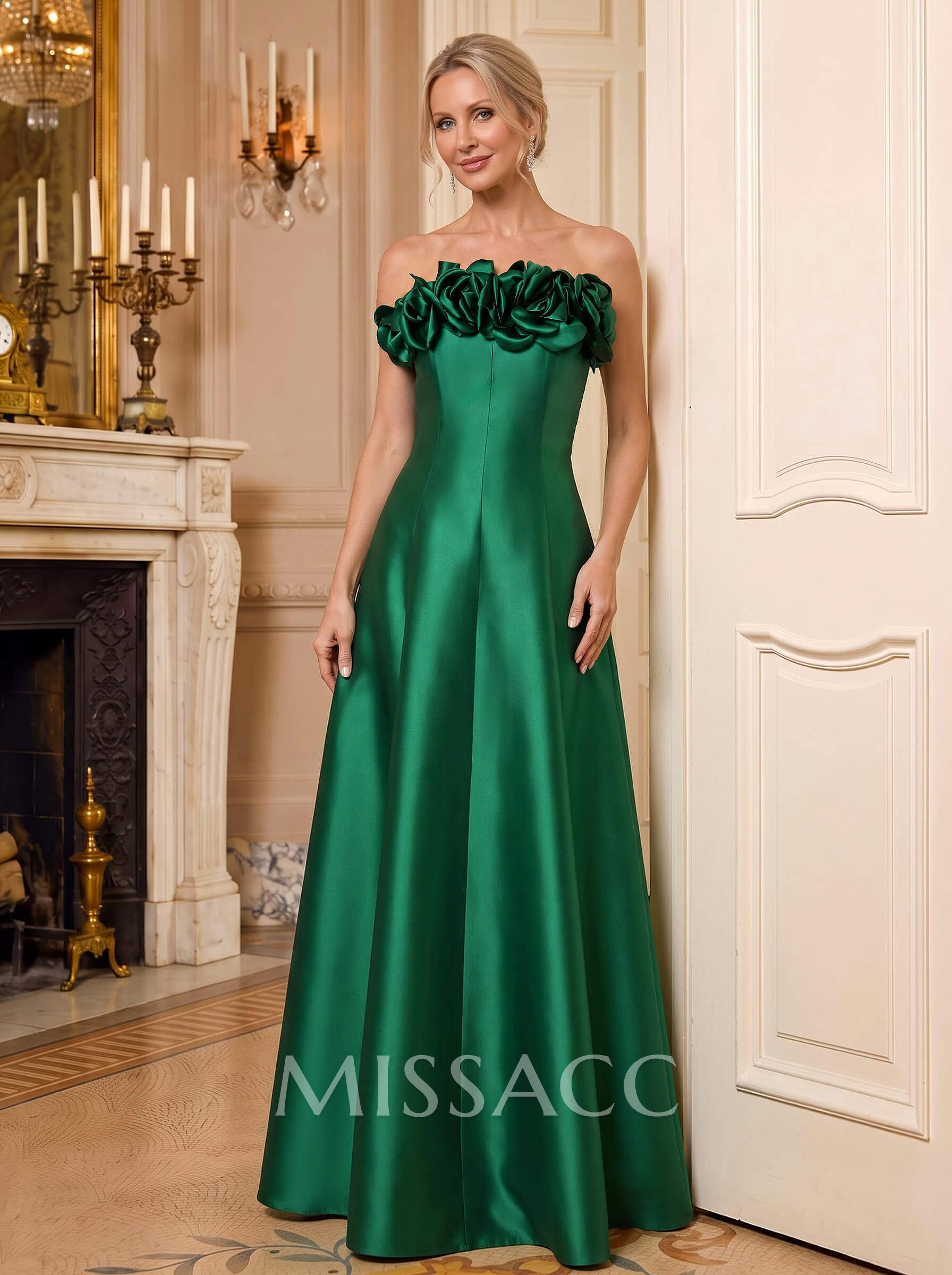 A-Line Strapless Sleeveless Floor-Length Satin Mother Of The Bride Dresses With Flower(s)
