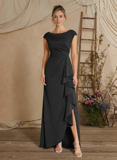 Sheath/Column Floor-Length Mother Of The Bride Dresses With Split Front/Cascading Ruffles/Pleated