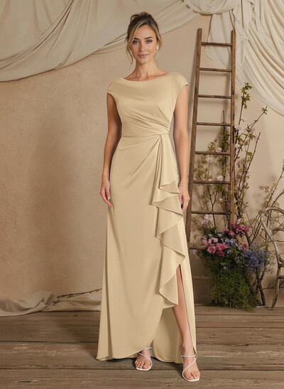 Sheath/Column Floor-Length Mother Of The Bride Dresses With Split Front/Cascading Ruffles/Pleated