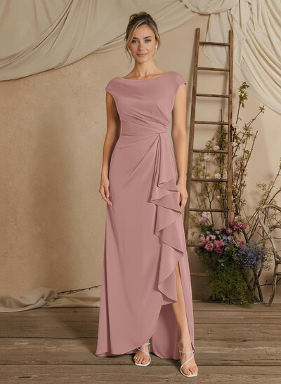 Sheath/Column Floor-Length Mother Of The Bride Dresses With Split Front/Cascading Ruffles/Pleated
