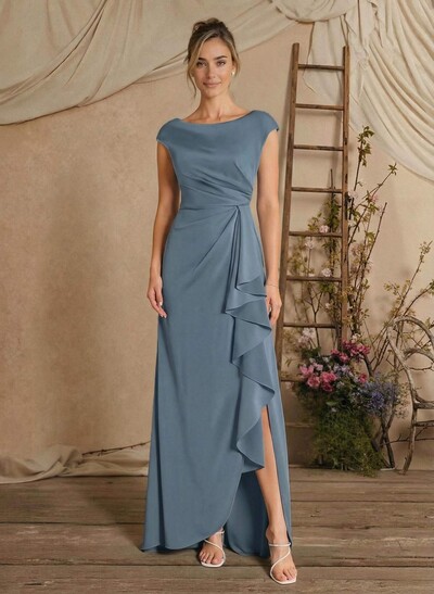 Sheath/Column Floor-Length Mother Of The Bride Dresses With Split Front/Cascading Ruffles/Pleated
