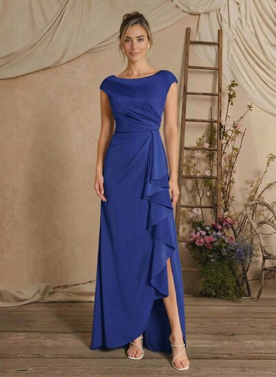 Sheath/Column Floor-Length Mother Of The Bride Dresses With Split Front/Cascading Ruffles/Pleated