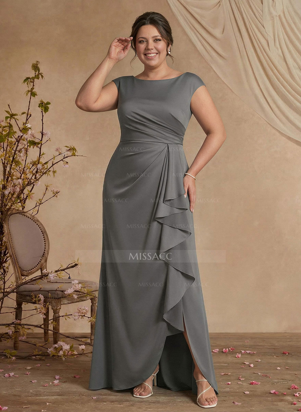 Sheath/Column Floor-Length Mother Of The Bride Dresses With Split Front/Cascading Ruffles/Pleated
