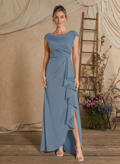 Sheath/Column Floor-Length Mother Of The Bride Dresses With Split Front/Cascading Ruffles/Pleated