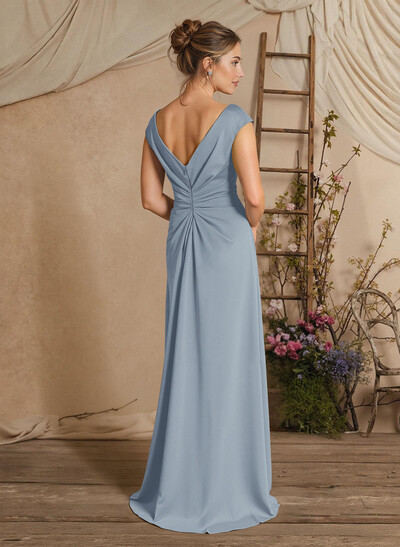 Sheath/Column Floor-Length Mother Of The Bride Dresses With Split Front/Cascading Ruffles/Pleated
