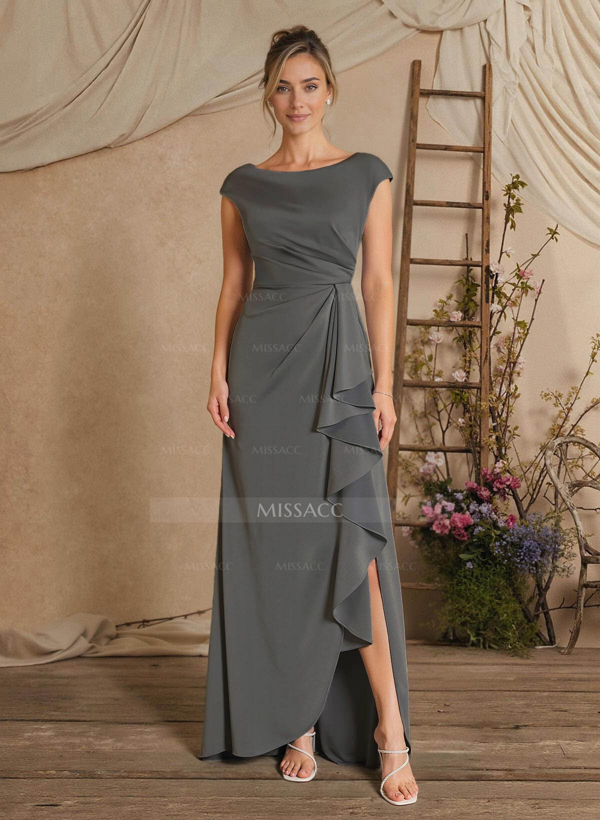 Sheath/Column Floor-Length Mother Of The Bride Dresses With Split Front/Cascading Ruffles/Pleated