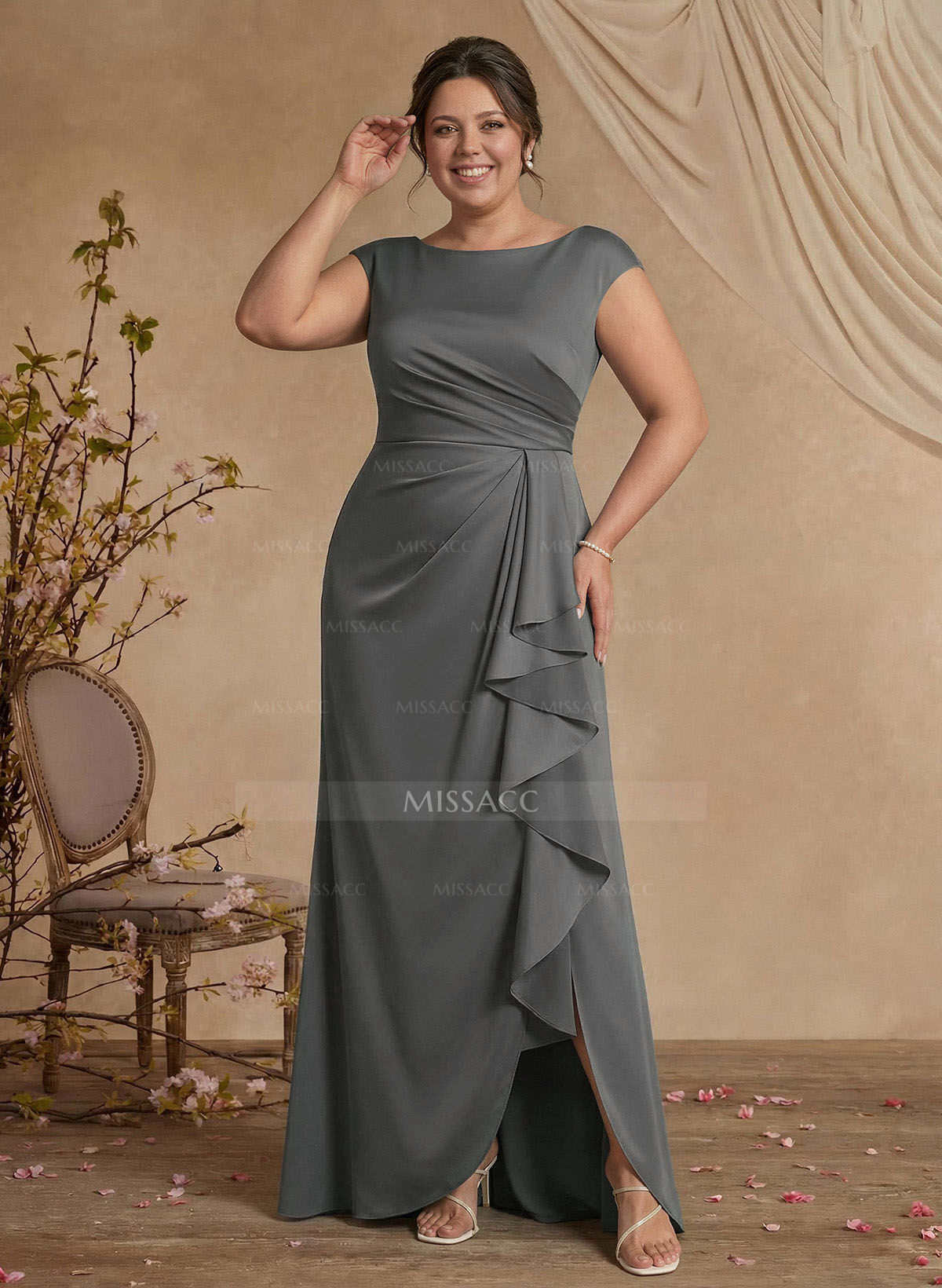 Sheath/Column Floor-Length Mother Of The Bride Dresses With Split Front/Cascading Ruffles/Pleated