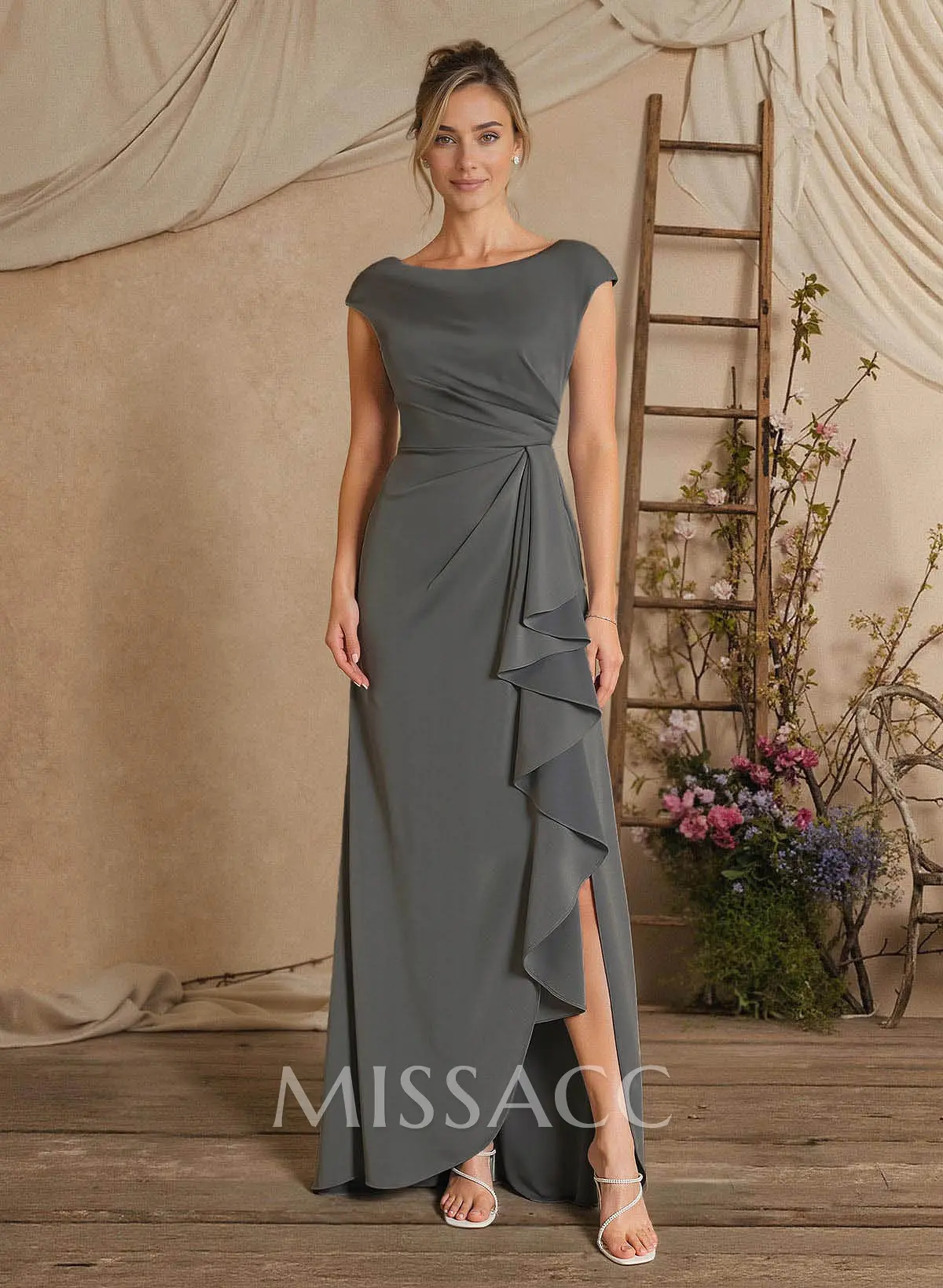 Sheath/Column Floor-Length Mother Of The Bride Dresses With Split  Front/Cascading Ruffles/Pleated