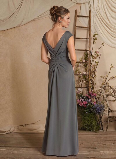 Sheath/Column Scoop Neck Sweep Train Crepe Satin Mother Of The Bride Dresses With Split Front/Cascading Ruffles/Pleated