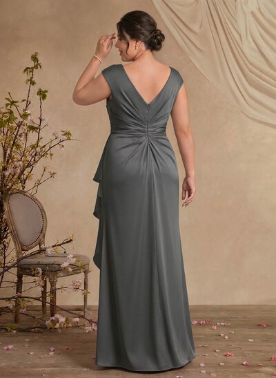 Sheath/Column Scoop Neck Sweep Train Crepe Satin Mother Of The Bride Dresses With Split Front/Cascading Ruffles/Pleated