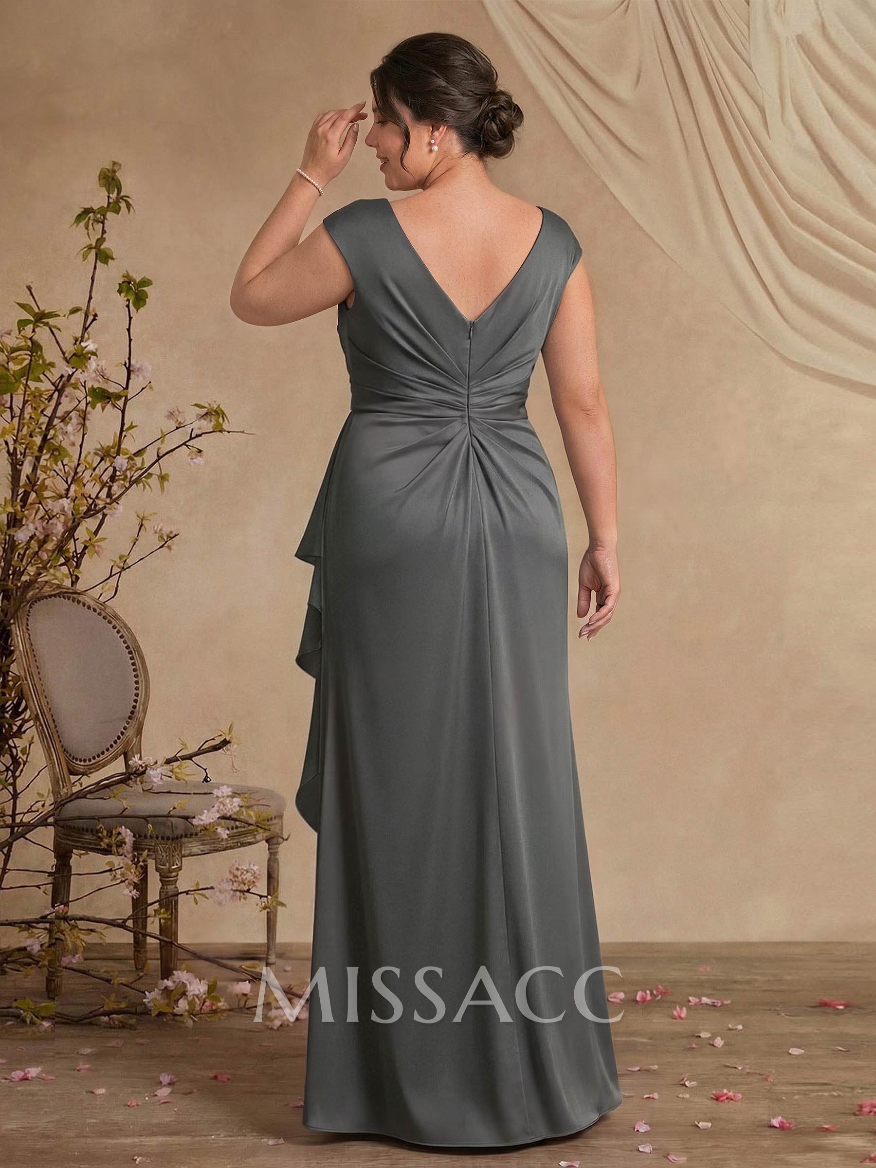 Sheath/Column Scoop Neck Sweep Train Crepe Satin Mother Of The Bride Dresses With Split Front/Cascading Ruffles/Pleated