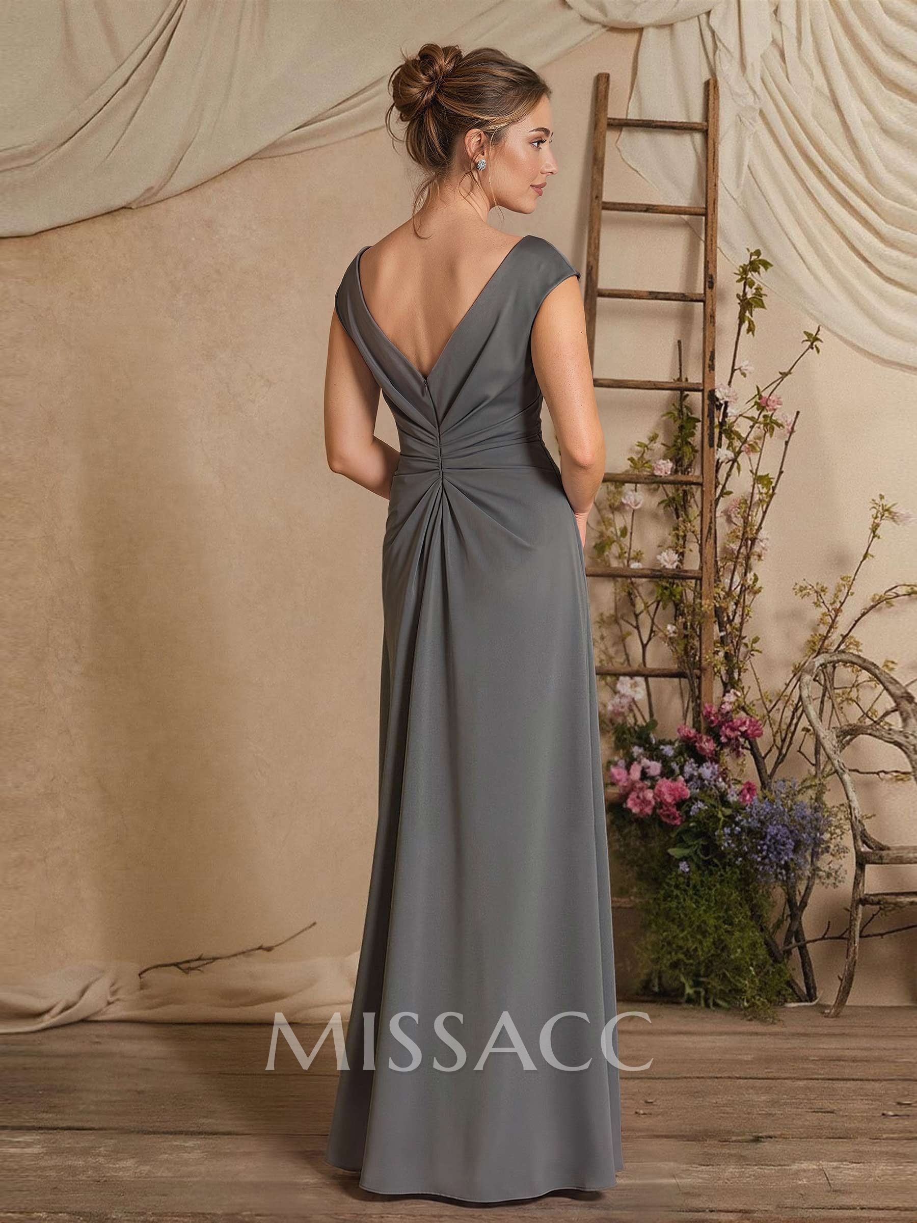 Sheath/Column Scoop Neck Sweep Train Crepe Satin Mother Of The Bride Dresses With Split Front/Cascading Ruffles/Pleated