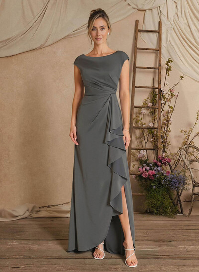 Sheath/Column Scoop Neck Sweep Train Crepe Satin Mother Of The Bride Dresses With Split Front/Cascading Ruffles/Pleated