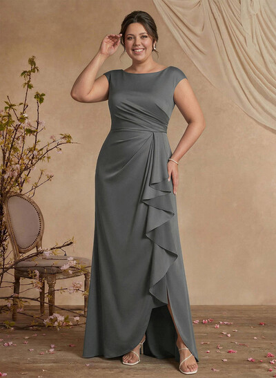 Sheath/Column Scoop Neck Sleeveless Floor-Length Crepe Satin Mother Of The Bride Dresses With Split Front/Cascading Ruffles/Pleated