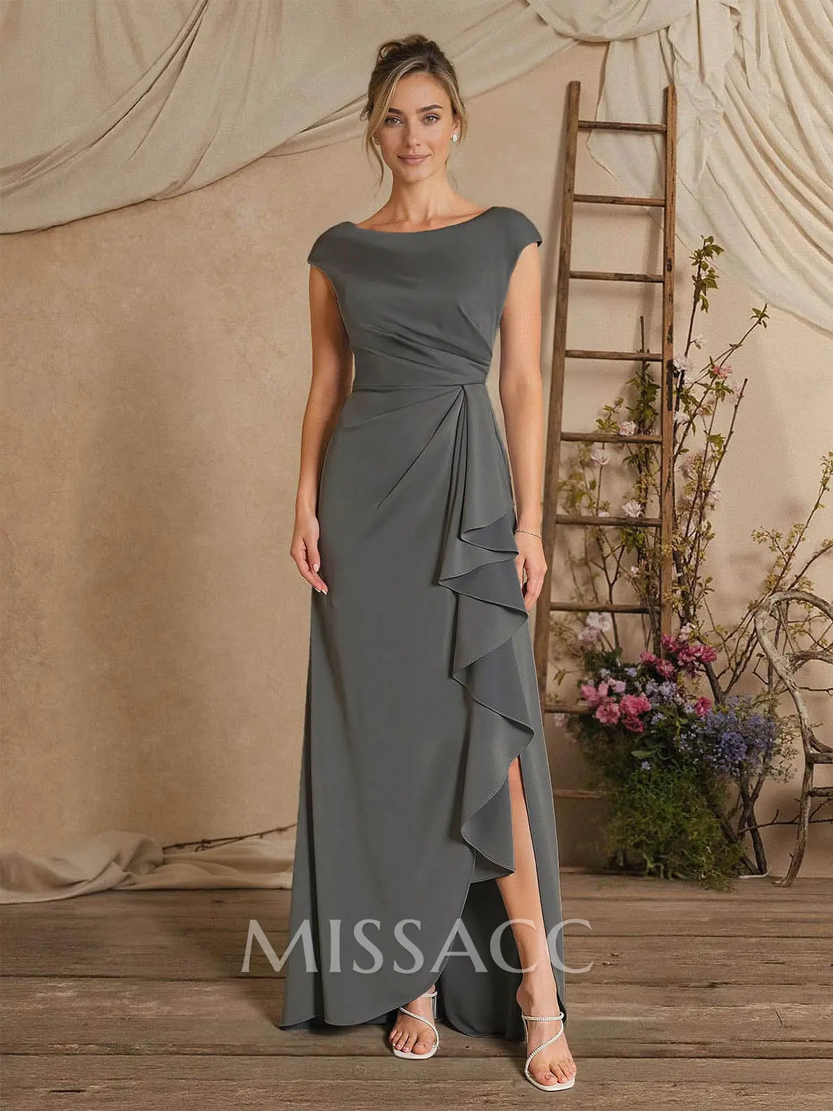grey bridesmaid dresses australia Sheath/Column Scoop Neck Sleeveless Floor-Length Crepe Satin Mother Of The Bride Dress With Front Split, Cascading Ruffles And Pleats Dresses trends