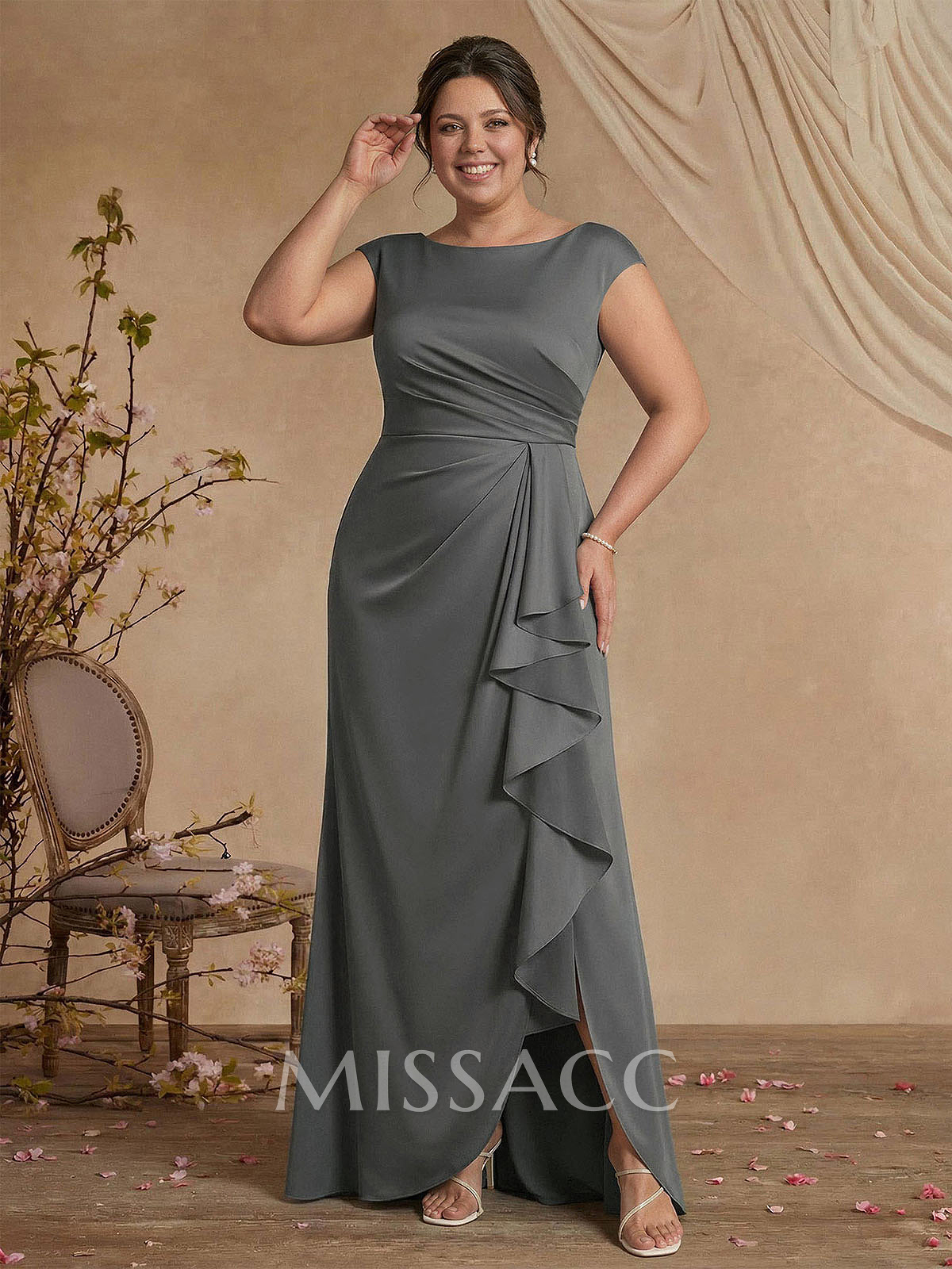 Sheath/Column Scoop Neck Sleeveless Floor-Length Crepe Satin Mother Of The Bride Dresses With Split Front/Cascading Ruffles/Pleated