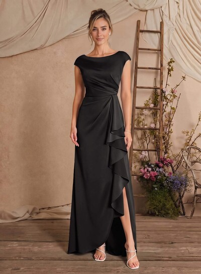 Sheath/Column Scoop Neck Sleeveless Floor-Length Crepe Satin Mother Of The Bride Dress With Front Split, Cascading Ruffles And Pleats
