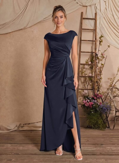 Sheath/Column Scoop Neck Sleeveless Floor-Length Crepe Satin Mother Of The Bride Dresses With Split Front/Cascading Ruffles/Pleated