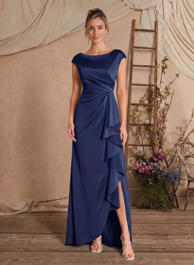 Sheath/Column Scoop Neck Sleeveless Floor-Length Crepe Satin Mother Of The Bride Dresses With Split Front/Cascading Ruffles/Pleated