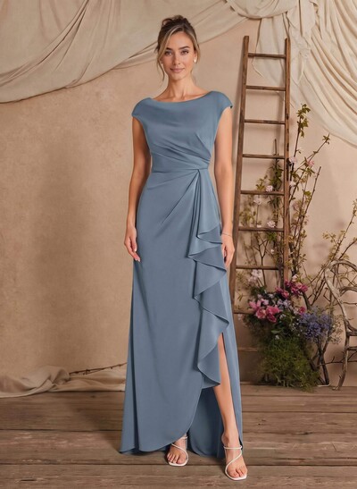 Sheath/Column Scoop Neck Sleeveless Floor-Length Crepe Satin Mother Of The Bride Dress With Front Slit, Cascading Ruffles And Pleating