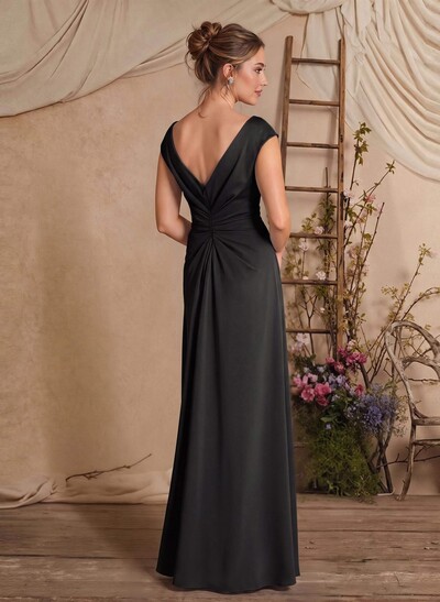 Sheath/Column Scoop Neck Sleeveless Floor-Length Crepe Satin Mother Of The Bride Dress With Front Split, Cascading Ruffles And Pleats