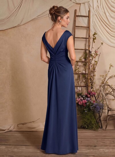 Sheath/Column Scoop Neck Sleeveless Floor-Length Crepe Satin Mother Of The Bride Dresses With Split Front/Cascading Ruffles/Pleated