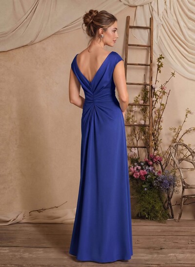 Sheath/Column Scoop Neck Sleeveless Floor-Length Crepe Satin Mother Of The Bride Dresses With Split Front/Cascading Ruffles/Pleated